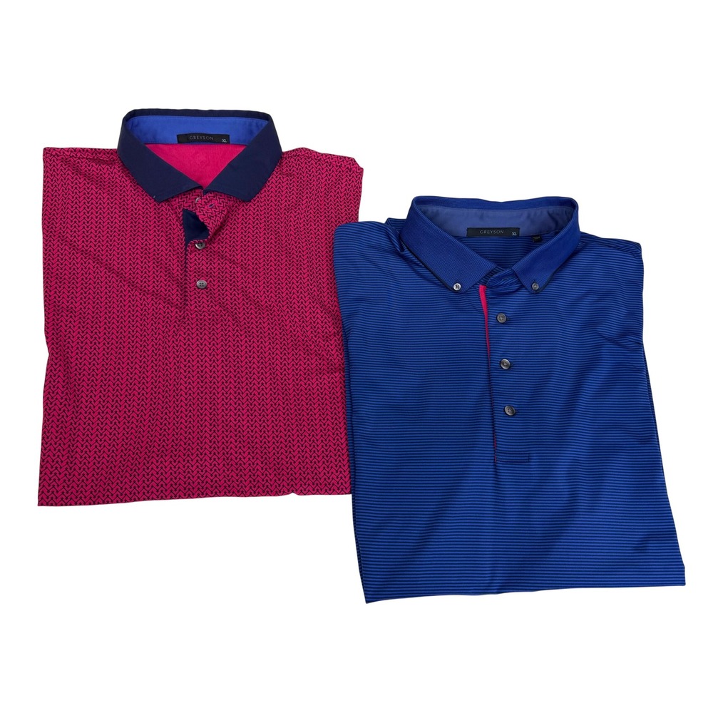 Greyson Lot Of 2 Mens Size XL Golf Polos Magenta Blue Stripe Luxe Sportswear